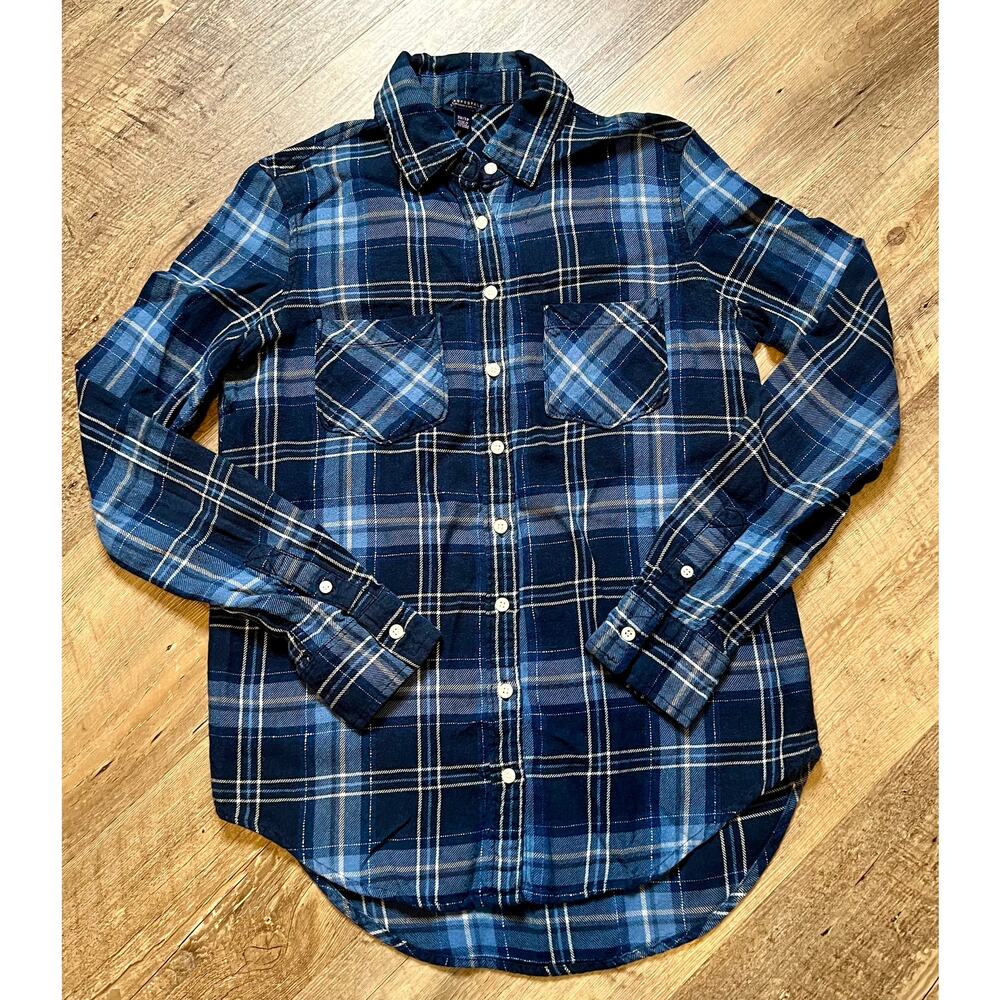 Women's Aeropostale Blue/Gray Plaid Flannel Button Up Long Sleeve Shirt, Sz XS
